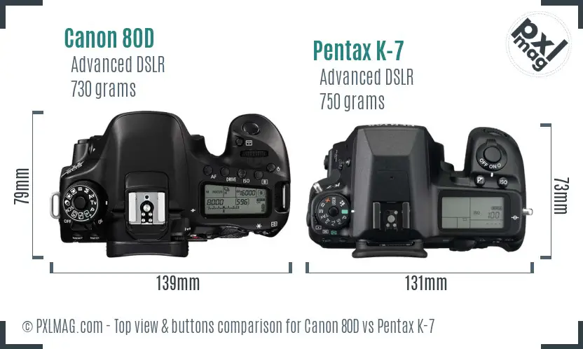 Canon 80D vs Pentax K-7 top view buttons comparison