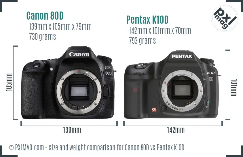 Canon 80D vs Pentax K10D size comparison
