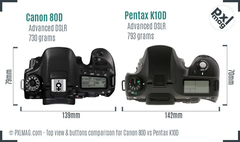 Canon 80D vs Pentax K10D top view buttons comparison