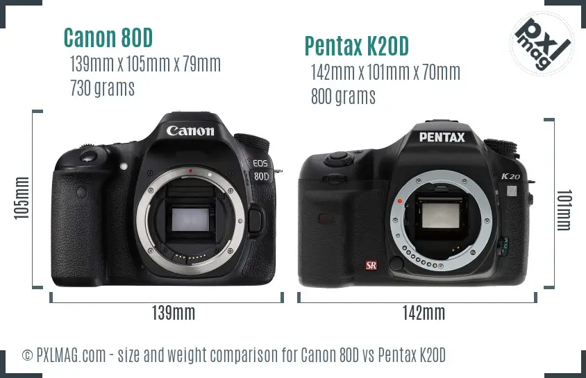 Canon 80D vs Pentax K20D size comparison