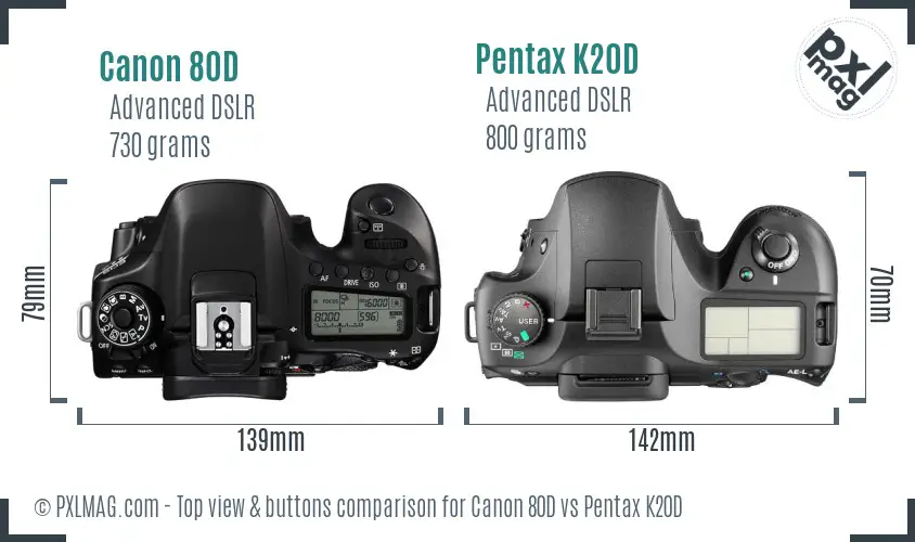 Canon 80D vs Pentax K20D top view buttons comparison