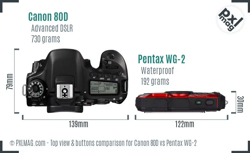 Canon 80D vs Pentax WG-2 top view buttons comparison
