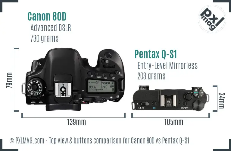 Canon 80D vs Pentax Q-S1 top view buttons comparison