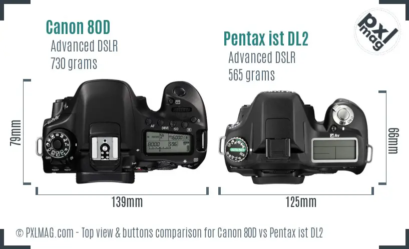 Canon 80D vs Pentax ist DL2 top view buttons comparison