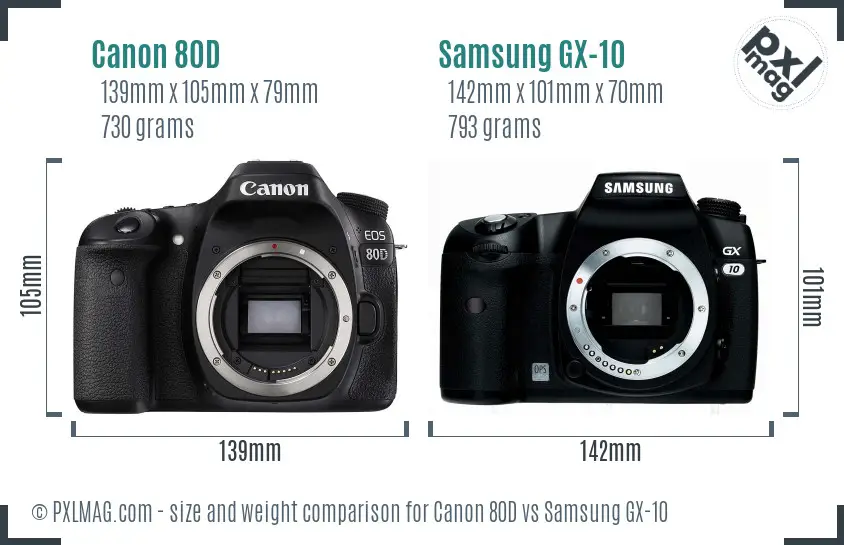 Canon 80D vs Samsung GX-10 size comparison