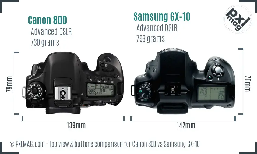 Canon 80D vs Samsung GX-10 top view buttons comparison