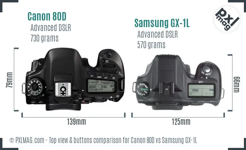 Canon 80D vs Samsung GX-1L top view buttons comparison