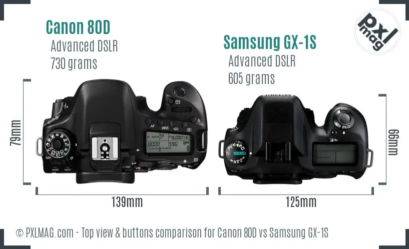 Canon 80D vs Samsung GX-1S top view buttons comparison