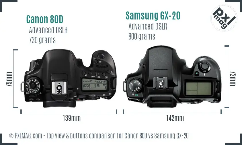 Canon 80D vs Samsung GX-20 top view buttons comparison