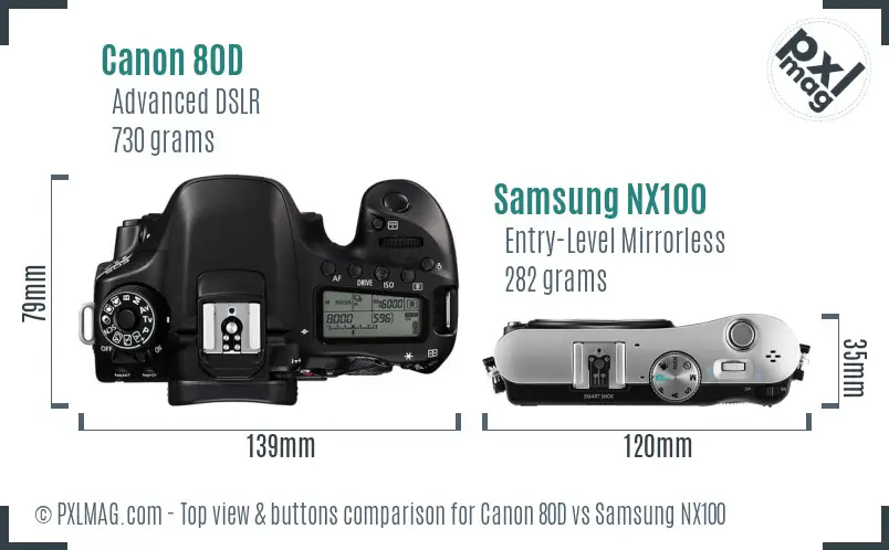 Canon 80D vs Samsung NX100 top view buttons comparison