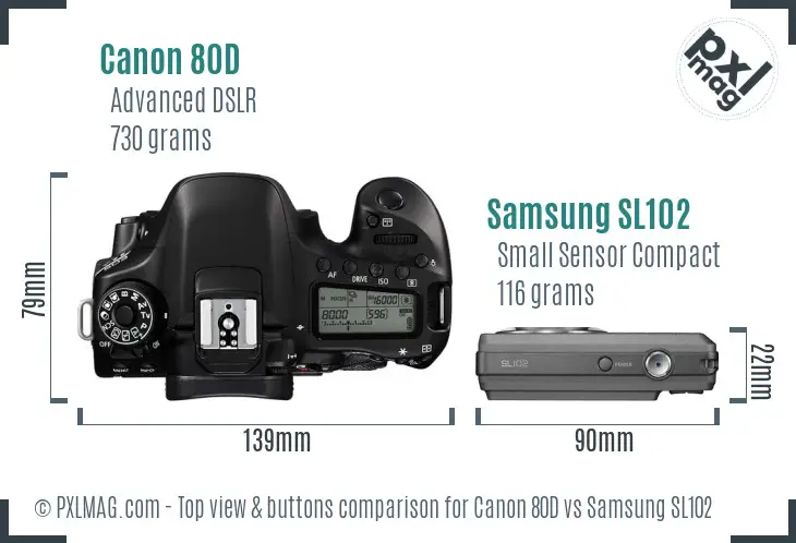 Canon 80D vs Samsung SL102 top view buttons comparison