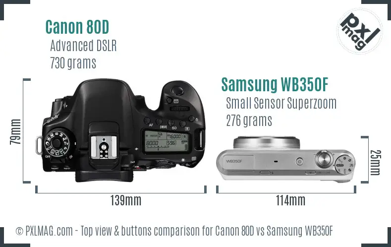 Canon 80D vs Samsung WB350F top view buttons comparison