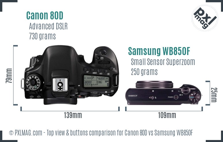 Canon 80D vs Samsung WB850F top view buttons comparison
