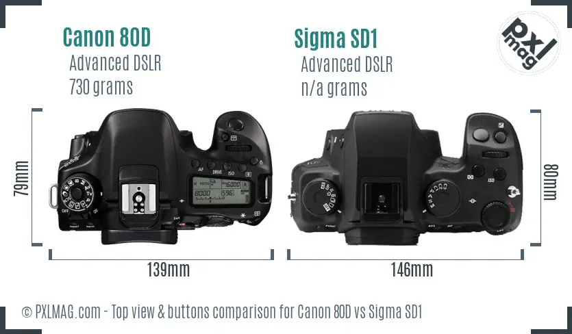 Canon 80D vs Sigma SD1 top view buttons comparison