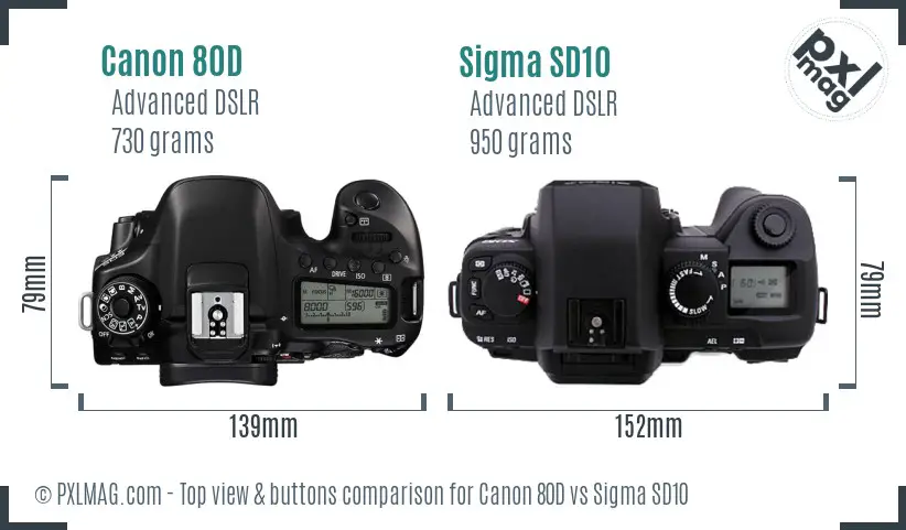 Canon 80D vs Sigma SD10 top view buttons comparison