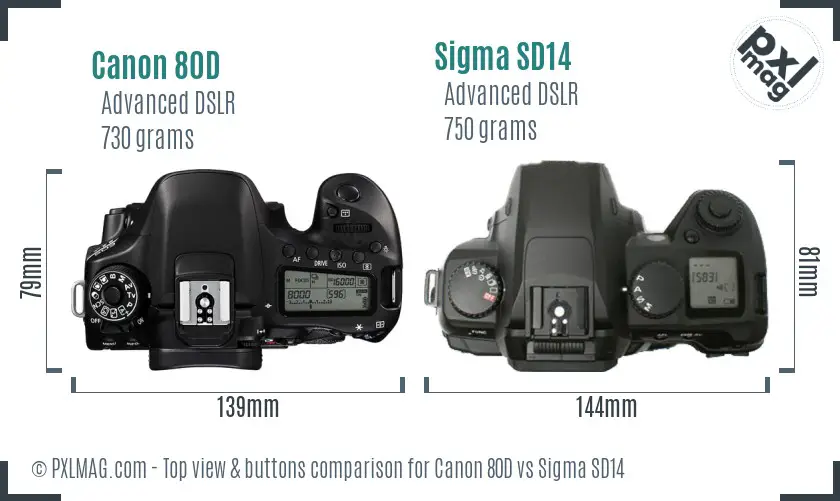 Canon 80D vs Sigma SD14 top view buttons comparison