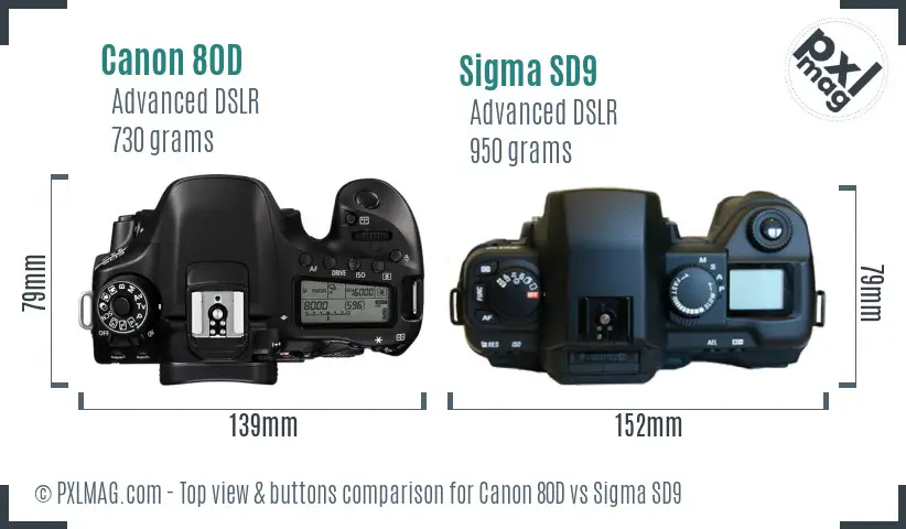 Canon 80D vs Sigma SD9 top view buttons comparison