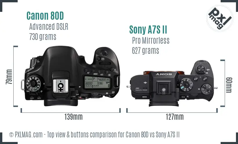 Canon 80D vs Sony A7S II top view buttons comparison Canon 80D vs Sony A7S II top view buttons comparison