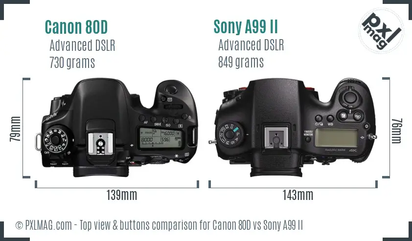 Canon 80D vs Sony A99 II top view buttons comparison