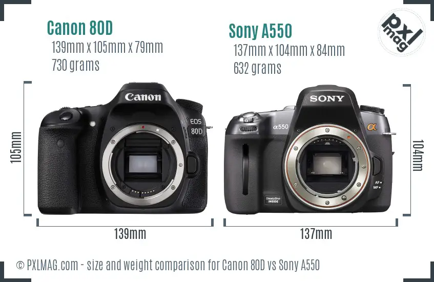 Canon 80D vs Sony A550 size comparison