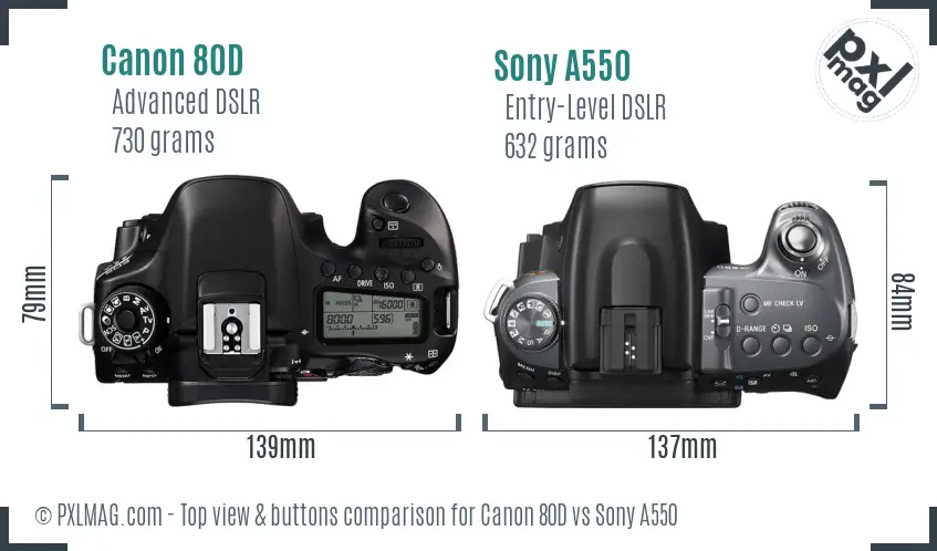 Canon 80D vs Sony A550 top view buttons comparison