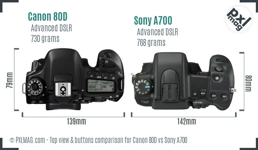 Canon 80D vs Sony A700 top view buttons comparison