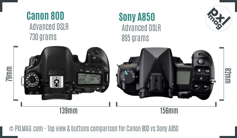 Canon 80D vs Sony A850 top view buttons comparison
