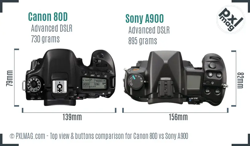 Canon 80D vs Sony A900 top view buttons comparison
