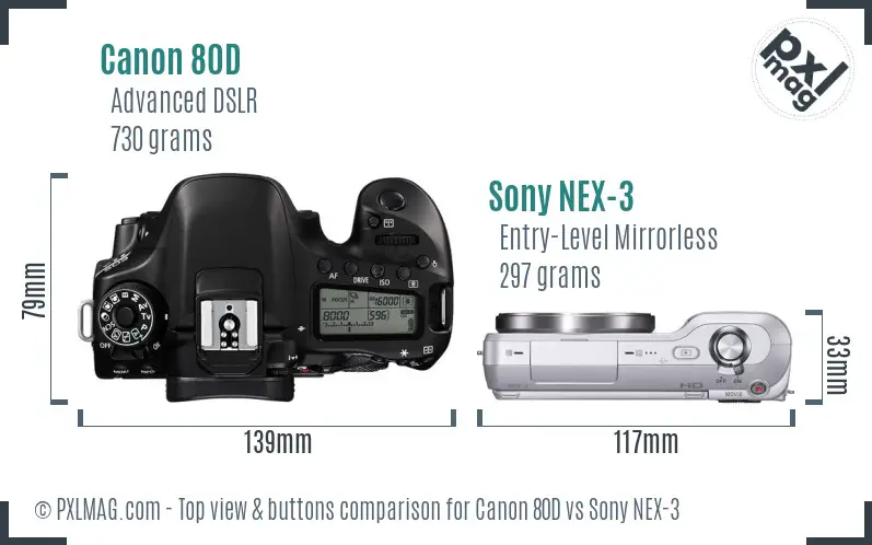 Canon 80D vs Sony NEX-3 top view buttons comparison