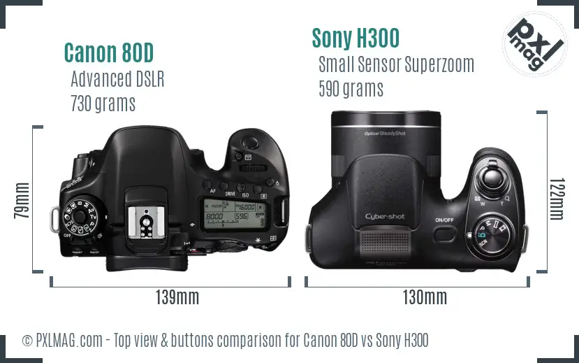 Canon 80D vs Sony H300 top view buttons comparison Canon 80D vs Sony H300 top view buttons comparison