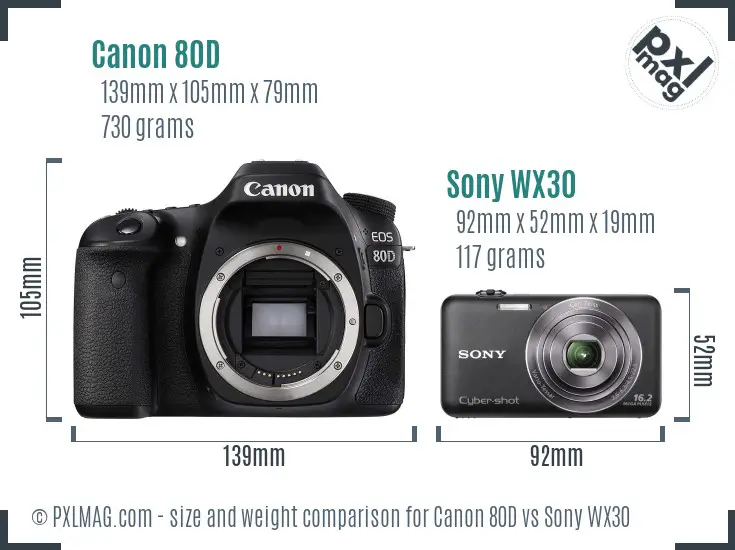 Canon 80D vs Sony WX30 size comparison