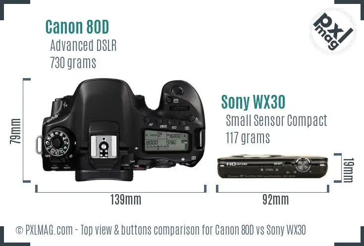 Canon 80D vs Sony WX30 top view buttons comparison