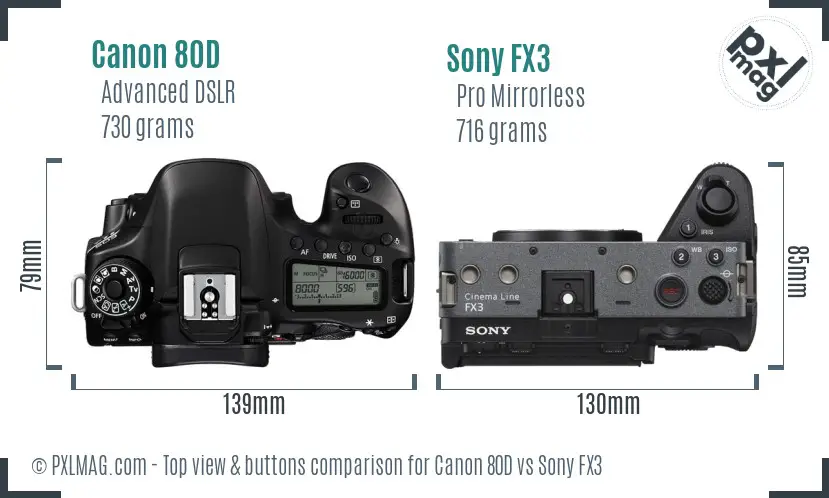 Canon 80D vs Sony FX3 top view buttons comparison Canon 80D vs Sony FX3 top view buttons comparison