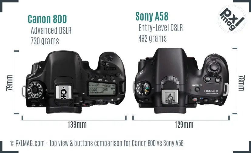 Canon 80D vs Sony A58 top view buttons comparison