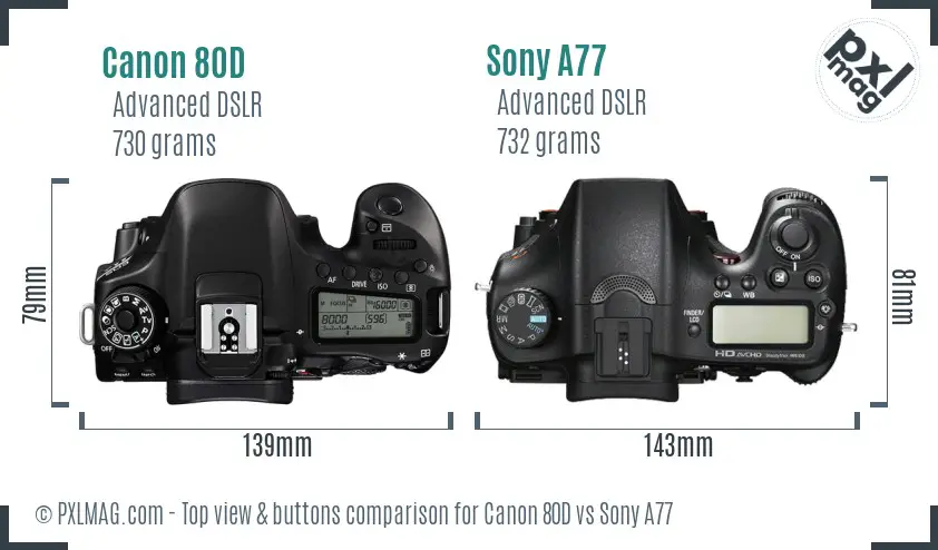 Canon 80D vs Sony A77 top view buttons comparison