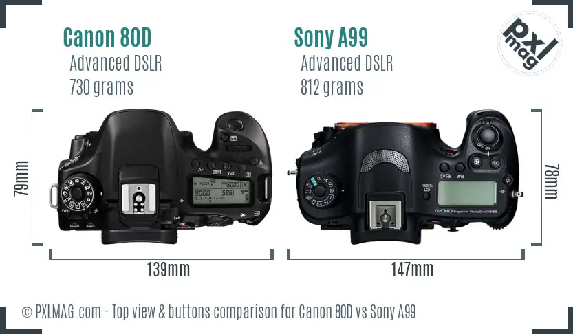 Canon 80D vs Sony A99 top view buttons comparison
