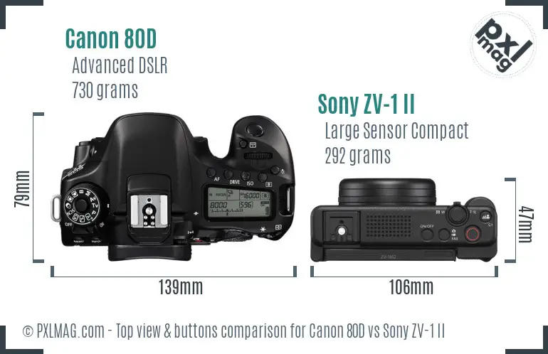 Canon 80D vs Sony ZV-1 II top view buttons comparison Canon 80D vs Sony ZV-1 II top view buttons comparison