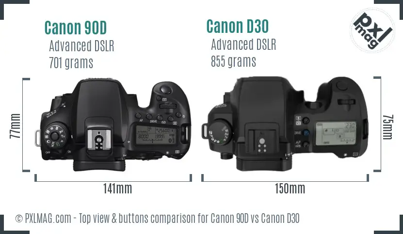Canon 90D vs Canon D30 top view buttons comparison