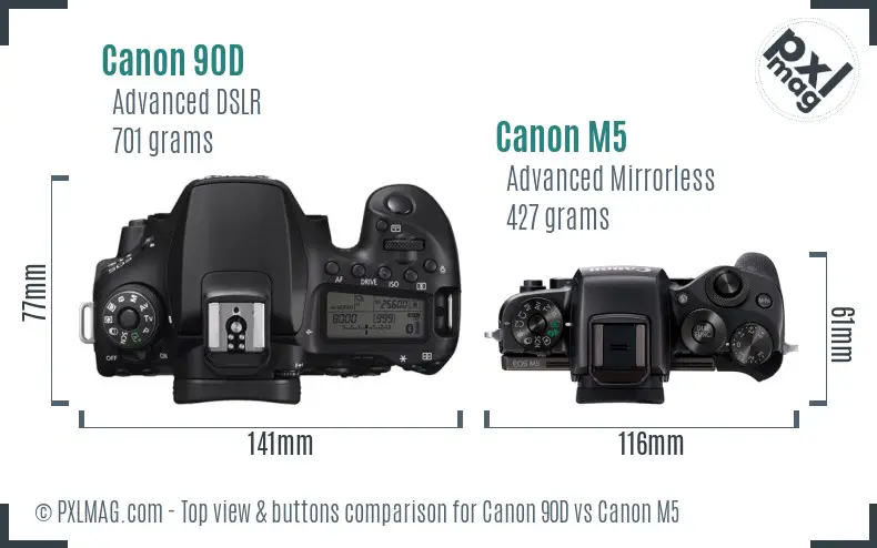 Canon 90D vs Canon M5 top view buttons comparison