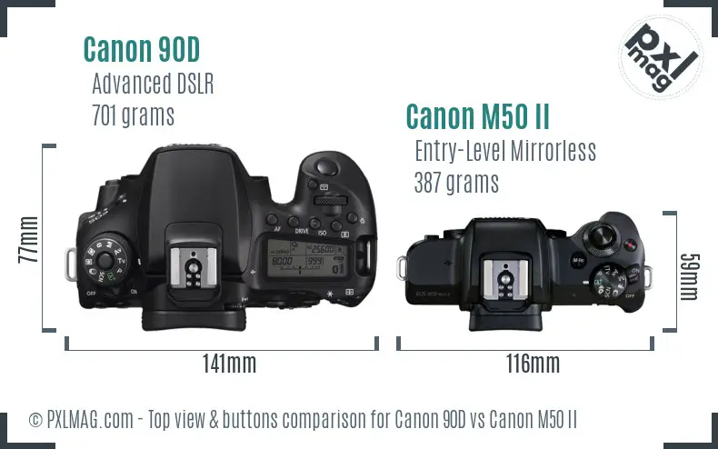 Canon 90D vs Canon M50 II top view buttons comparison