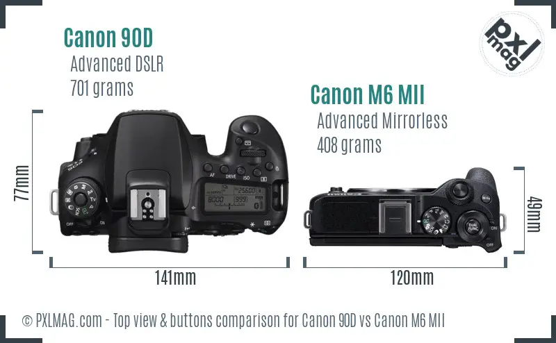 Canon 90D vs Canon M6 MII top view buttons comparison Canon 90D vs Canon M6 MII top view buttons comparison