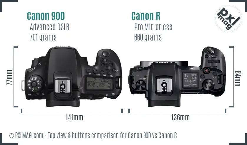 Canon 90D vs Canon R top view buttons comparison