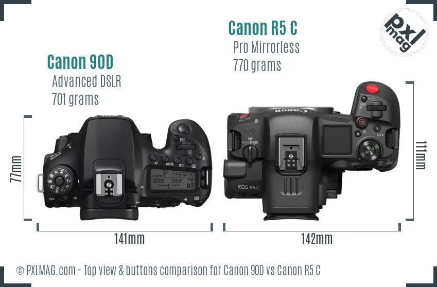 Canon 90D vs Canon R5 C top view buttons comparison