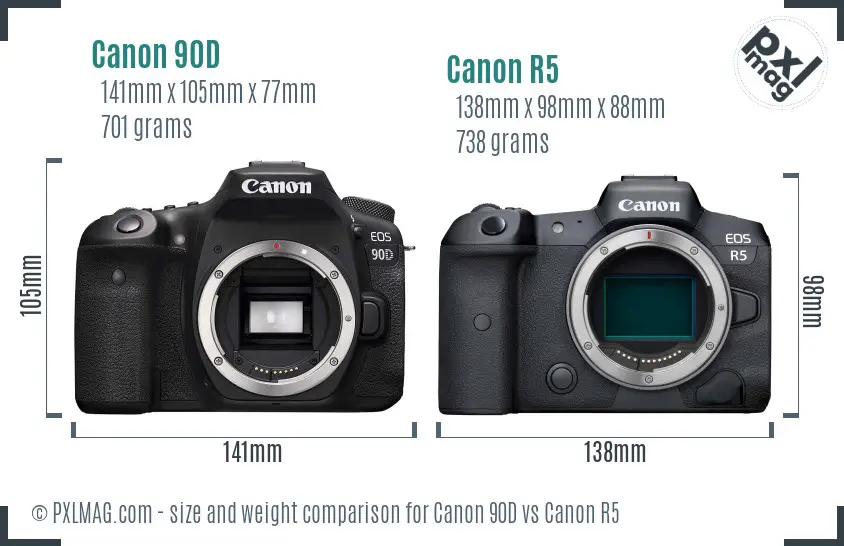 Canon 90D vs Canon R5 size comparison