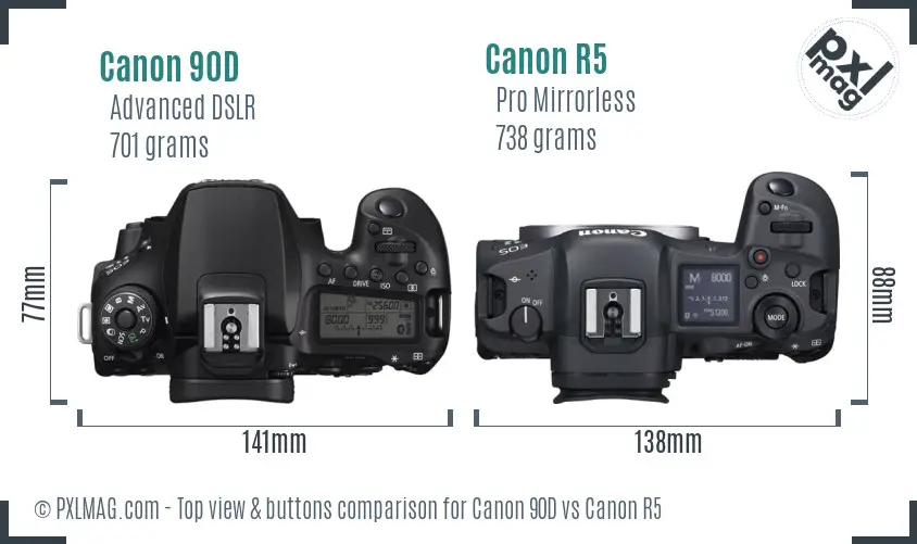 Canon 90D vs Canon R5 top view buttons comparison