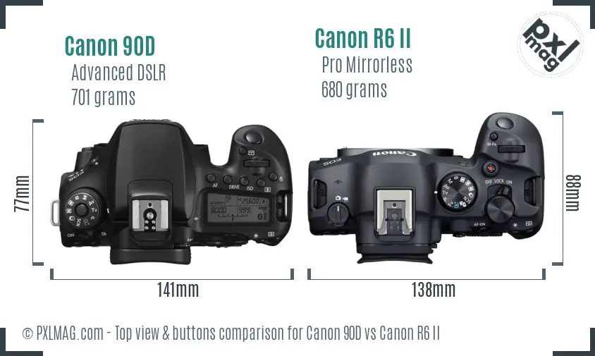 Canon 90D vs Canon R6 II top view buttons comparison Canon 90D vs Canon R6 II top view buttons comparison