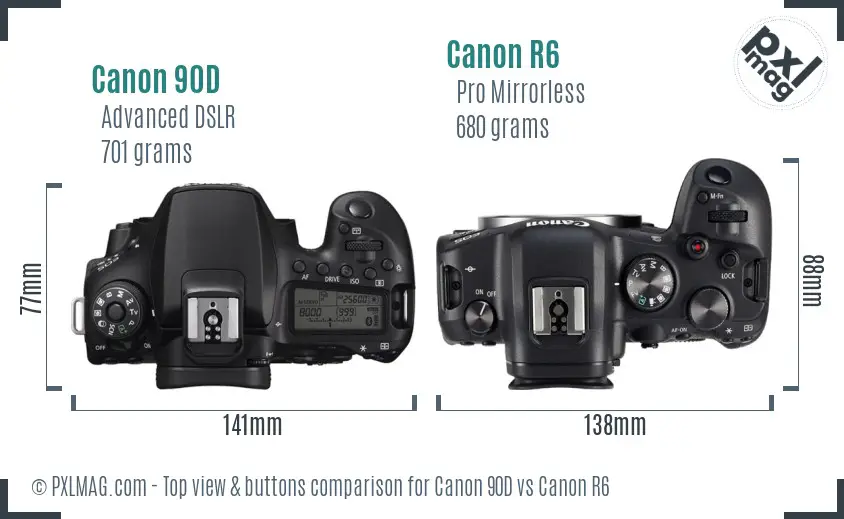 Canon 90D vs Canon R6 top view buttons comparison