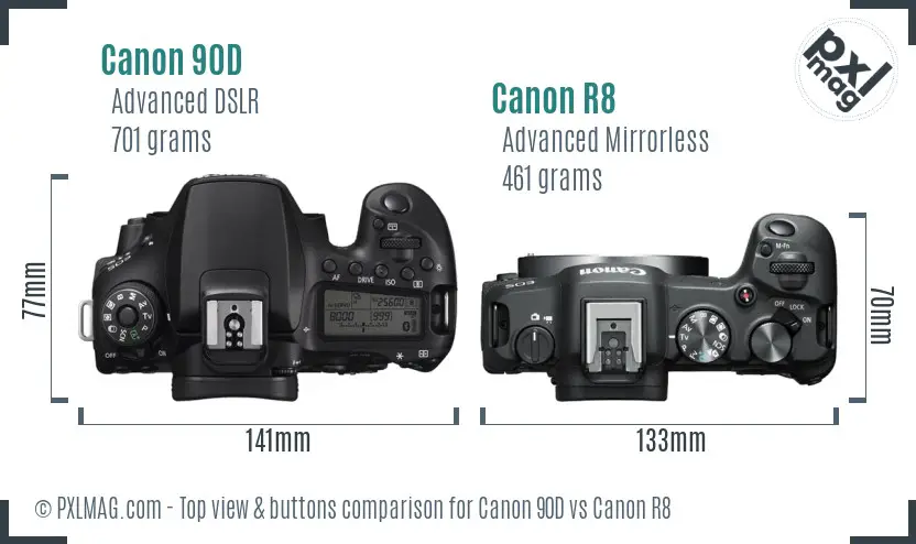 Canon 90D vs Canon R8 top view buttons comparison Canon 90D vs Canon R8 top view buttons comparison