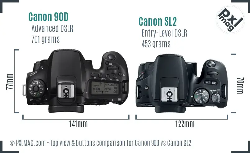 Canon 90D vs Canon SL2 top view buttons comparison Canon 90D vs Canon SL2 top view buttons comparison