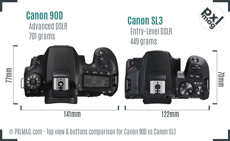 Canon 90D vs Canon SL3 top view buttons comparison